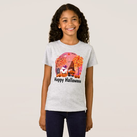 Cute Halloween Gnome and Ghost with Text Girl's T-shirt (Voorkant volledig)