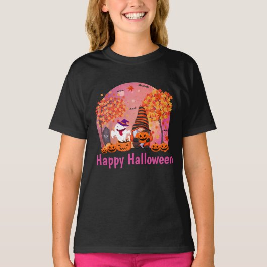 Cute Halloween Gnome and Ghost with Text Girl's T-shirt (Voorkant)