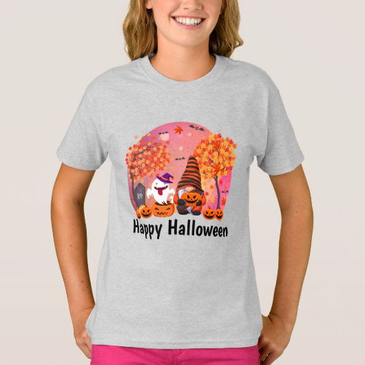 Cute Halloween Gnome and Ghost with Text Girl's T-shirt (Voorkant)