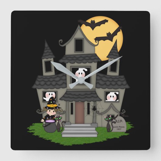 Cute Halloween haunted house and little witch Squa Vierkante Klok (Voorkant)