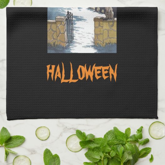 Cute Halloween Haunted House Cat Theedoek (Gevouwen)