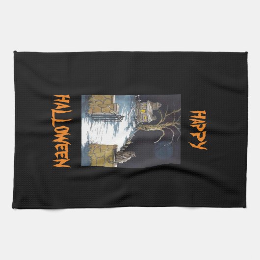 Cute Halloween Haunted House Cat Theedoek (Horizontaal)