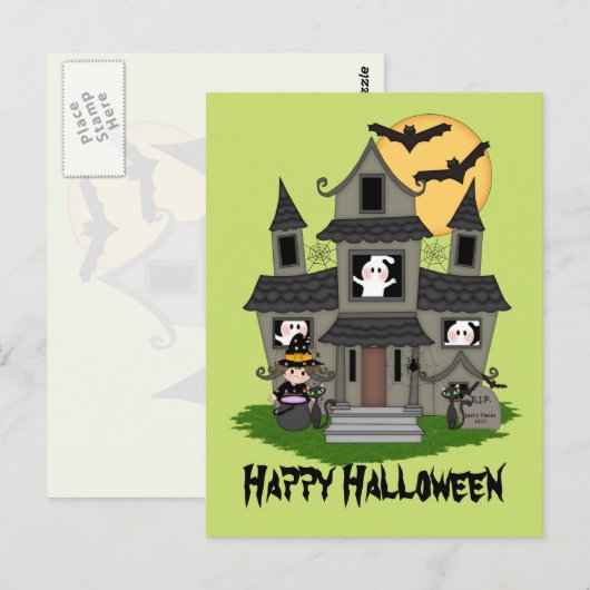 Cute Halloween haunted house en kleine heks Briefkaart (Voorkant / Achterkant)