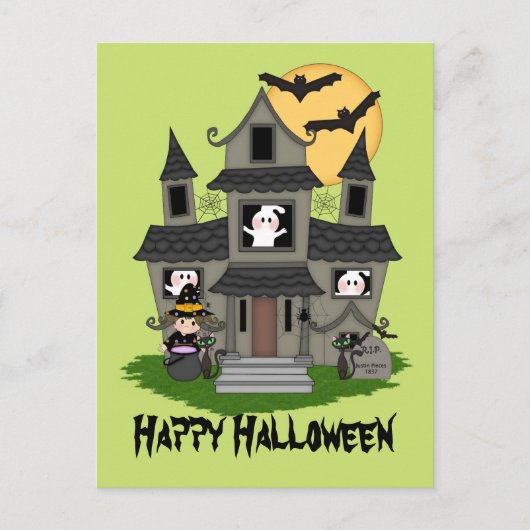 Cute Halloween haunted house en kleine heks Briefkaart (Voorkant)