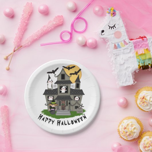 Cute Halloween haunted house en kleine heks Papieren Bordje (Feest)