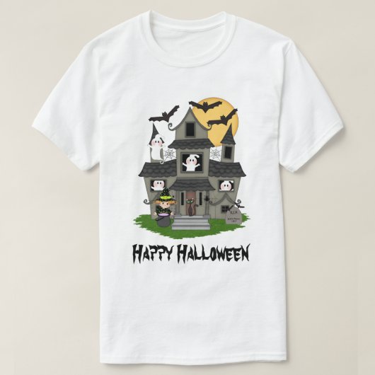 Cute Halloween haunted house en kleine heks T-shirt (Design voorkant)