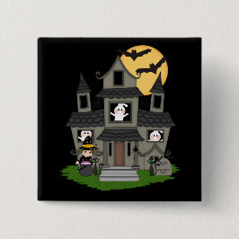 Cute Halloween haunted house en kleine heks Vierkante Button 5,1 Cm
