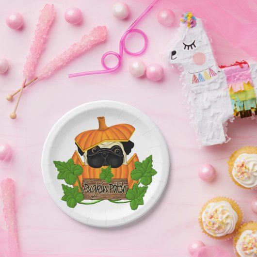 Cute Halloween Herfst Pug Pugkin Pumpkin Patch Papieren Bordje (Feest)