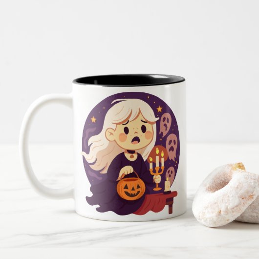 Cute Halloween Horror Witch Mug – Spooky Ghosts &  Tweekleurige Koffiemok (Met donut)