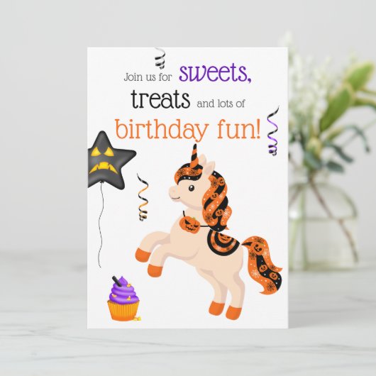 Cute Halloween Horse Unicorn Birthday Party Kaart (Staand voorkant)