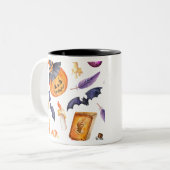 Cute Halloween illustration with pumpkin and bats Tweekleurige Koffiemok (Voorkant links)