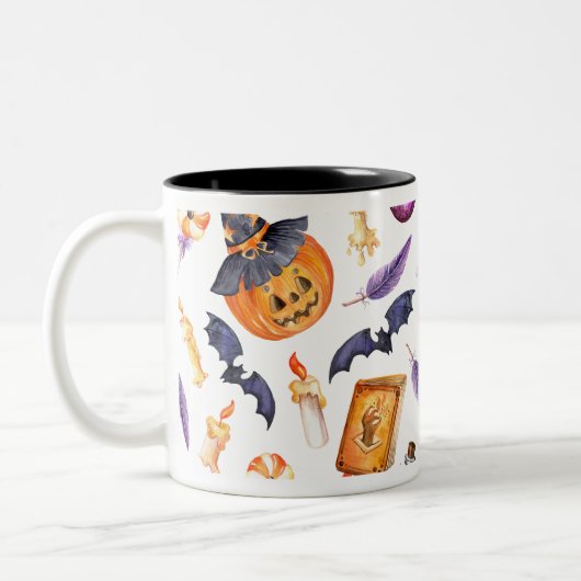 Cute Halloween illustration with pumpkin and bats Tweekleurige Koffiemok (Links)