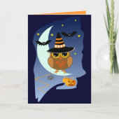 Cute Halloween-kaart met Owl, vleermuizen en aange Kaart (Voorkant)