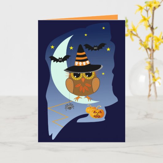 Cute Halloween-kaart met Owl, vleermuizen en aange Kaart (Gele Bloem)