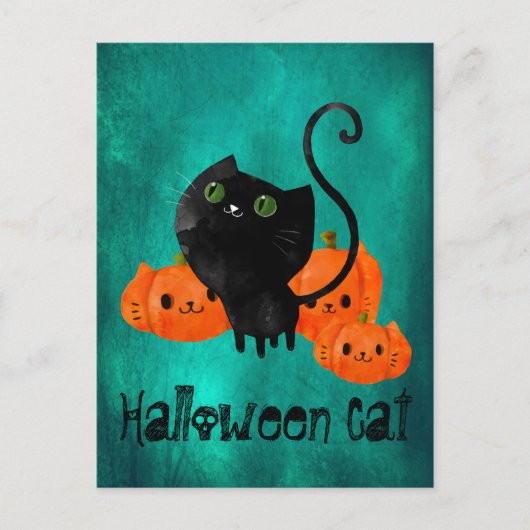 Cute Halloween-kat met pompoenen Briefkaart (Voorkant)