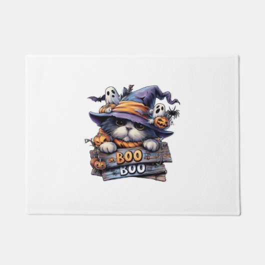 Cute Halloween-kat sticker � Heksenhoed, Pompoen e Deurmat (Voorkant)