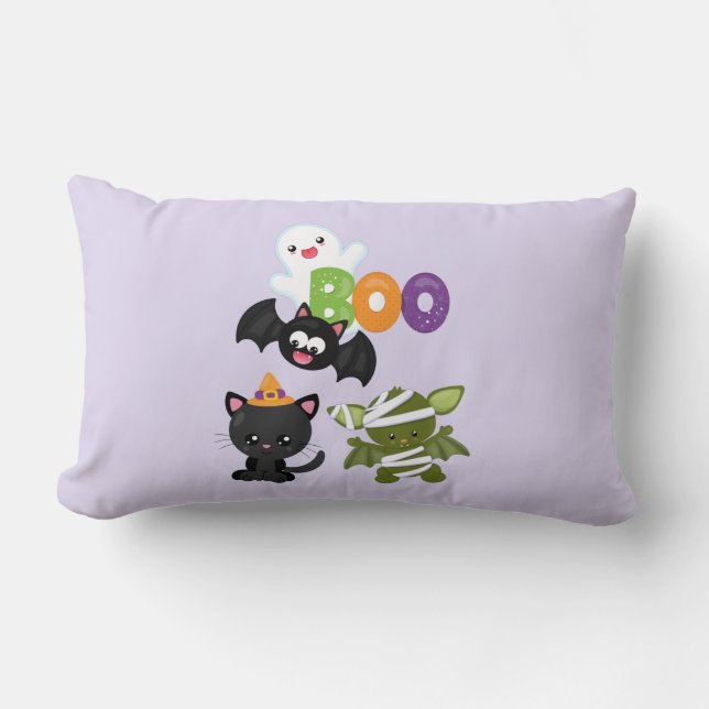 Cute Halloween Kat, Vleermuis, Mumie & Geest Kussen (Voorkant)