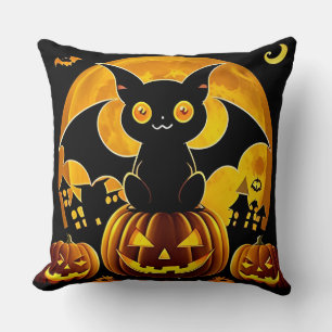 🐾🌙 Cute Halloween Kat Vleermuis Pompoen Nacht Ch Kussen