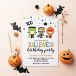 Cute Halloween Kids Birthday Party Invitation Kaart<br><div class="desc">Halloween kostuum feest verjaardagsuitnodiging met schattige frankenstein,  kat,  pompoen kostuums.</div>