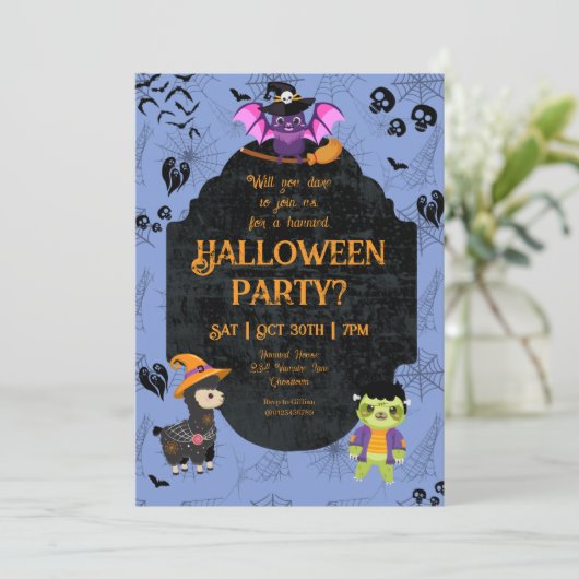 Cute Halloween Llama, Bat, Sloth Party Kaart (Staand voorkant)