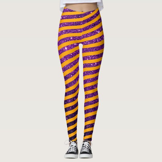 Cute Halloween Oranje Paars Glitter Striped Leggings (Voorkant)