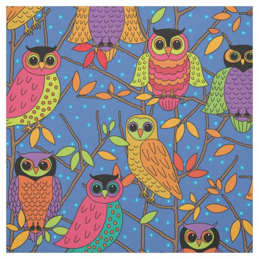 Cute Halloween Owl Oranje Green Blue Pattern Stof (Swatch)