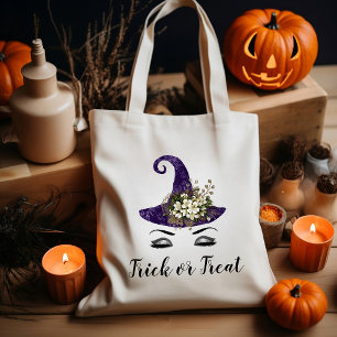 Cute Halloween Paarse Heksenhoed Trick or Treat Tote Bag