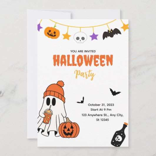 Cute Halloween Party Invitation with Ghost Kaart (Voorkant)