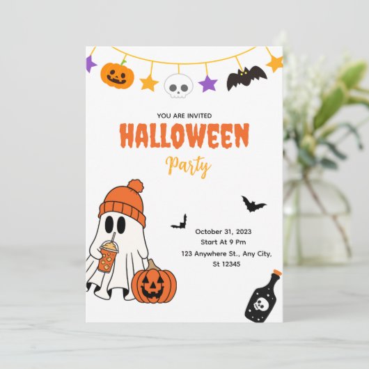Cute Halloween Party Invitation with Ghost Kaart (Staand voorkant)