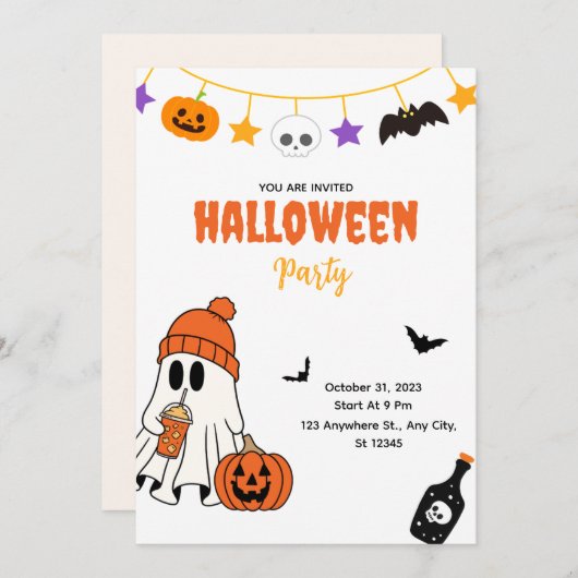 Cute Halloween Party Invitation with Ghost Kaart (Voorkant / Achterkant)