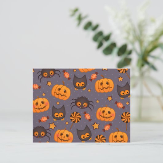 Cute Halloween Pattern Paarse Achtergrond Briefkaart (Staand voorkant)