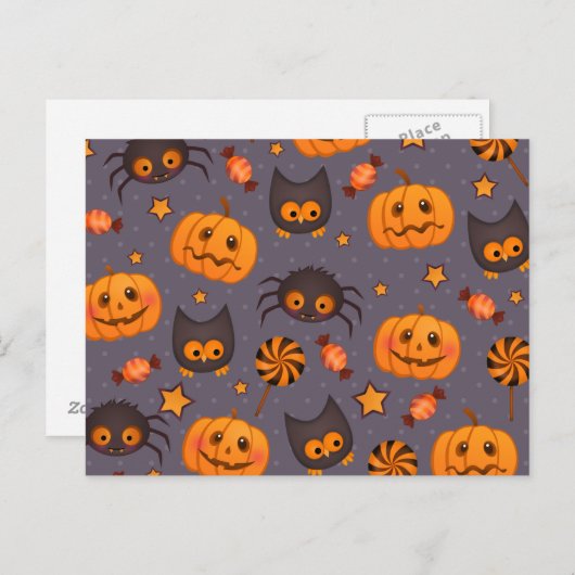 Cute Halloween Pattern Paarse Achtergrond Briefkaart (Voorkant / Achterkant)