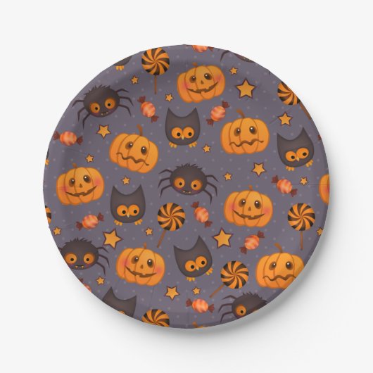 Cute Halloween Pattern Paarse Achtergrond Papieren Bordje (Voorkant)