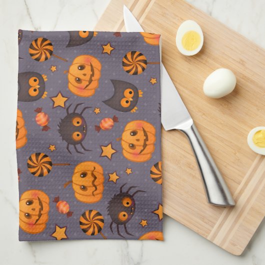 Cute Halloween Pattern Paarse Achtergrond Theedoek (Quarter Fold)