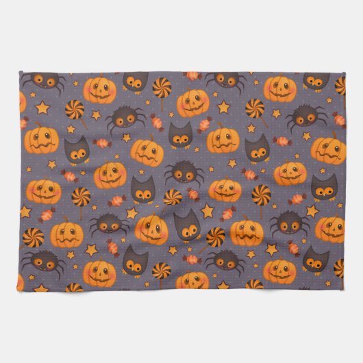 Cute Halloween Pattern Paarse Achtergrond Theedoek (Horizontaal)