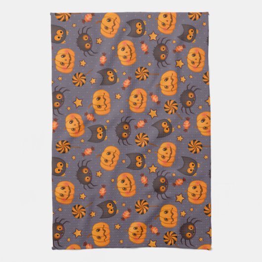 Cute Halloween Pattern Paarse Achtergrond Theedoek (Verticaal)