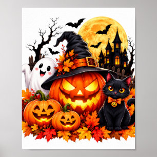 Cute Halloween Pompoen Geest Zwarte Kat Spooky Her Poster