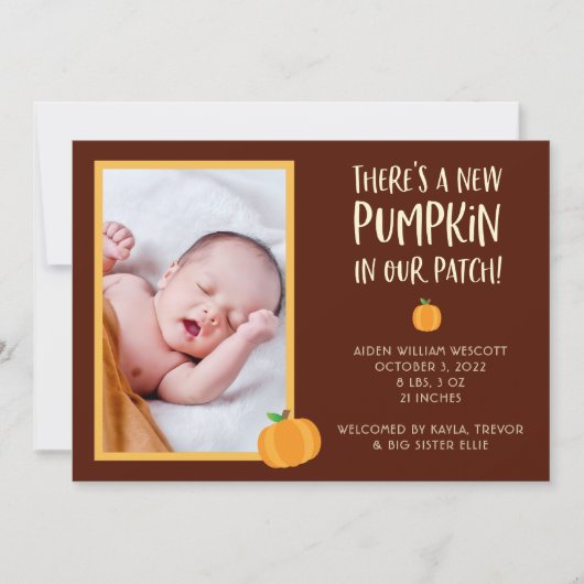 Cute Halloween Pumpkin Birth Announement Kaart (Voorkant)