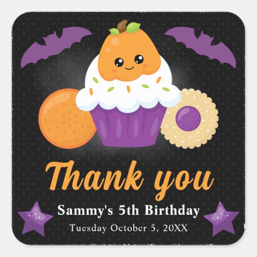 Cute Halloween Pumpkin Cupcake Kinderen Birthday Vierkante Sticker (Voorkant)