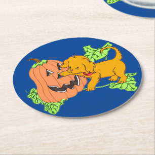 Cute Halloween Pumpkin en Puppy Ronde Kartonnen Onderzetter