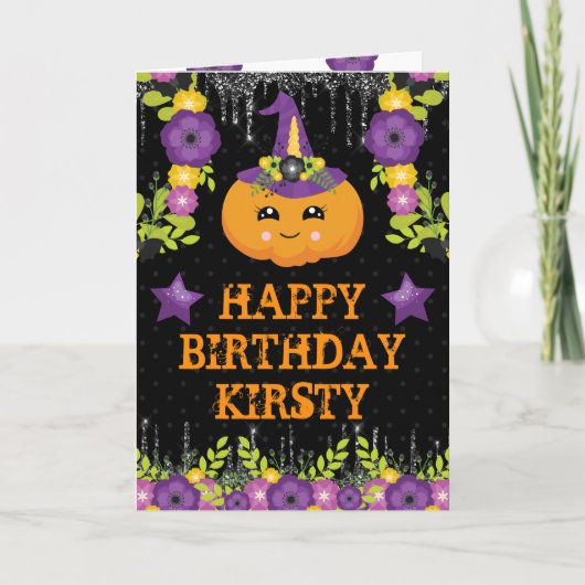 Cute Halloween Pumpkin Floral Happy Birthday Kaart (Voorkant)