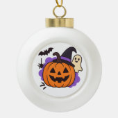 Cute Halloween Pumpkin with Witch Hat – Ghost & Ba Keramische Bal Ornament (Voorkant)