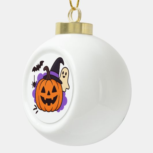 Cute Halloween Pumpkin with Witch Hat – Ghost & Ba Keramische Bal Ornament (Rechts)