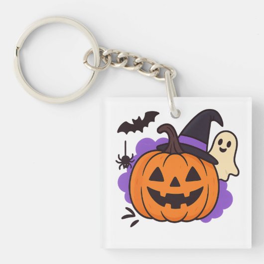 Cute Halloween Pumpkin with Witch Hat – Ghost & Ba Sleutelhanger (voorkant)