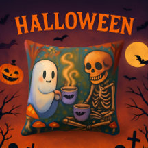 Cute Halloween Skeleton Ghost Drinking Coffee Deco