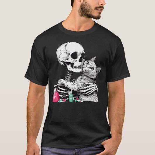 Cute Halloween Skeleton Hug Cat Vet Tech Veterinar T-shirt (Voorkant)