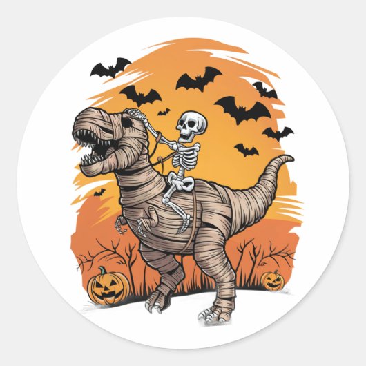 Cute Halloween Skeleton Riding Mummy T-Rex Sticker (Voorkant)