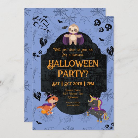 Cute Halloween Sloth, Dino, Unicorn Party Kaart (Voorkant / Achterkant)