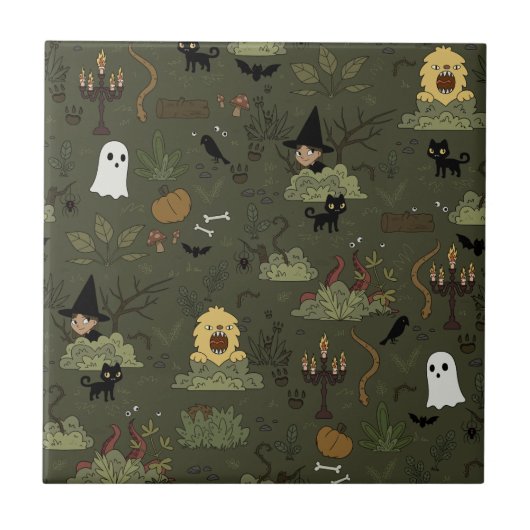 Cute Halloween Spokenbos Patroon Tegeltje (Voorkant)