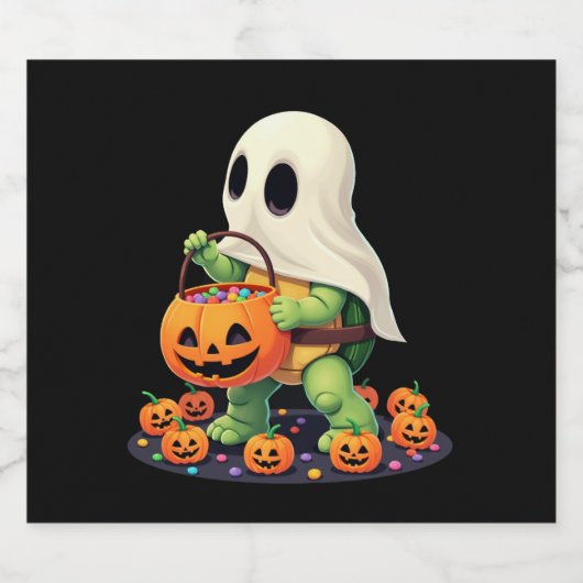 Cute Halloween Turtle Ghost with Candy (2) Sparkling Wijnetiket (Enkel label)